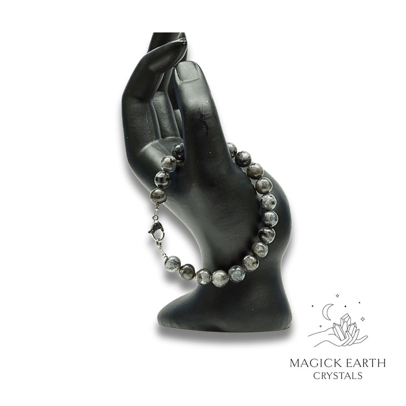 Larvikite Crystal Bracelet with 8mm round beads platinum clasp for sharp discernment