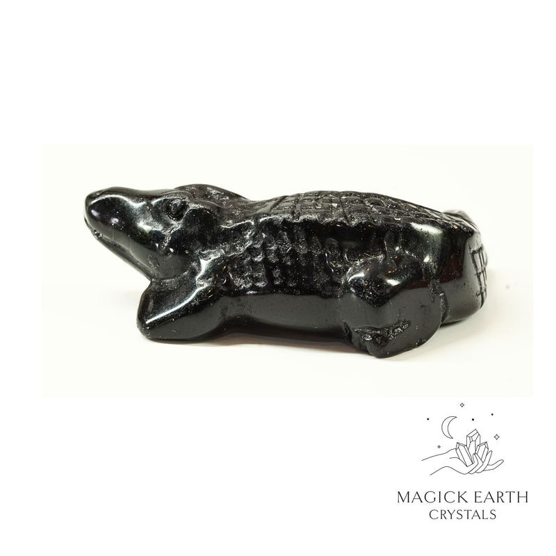 Obsidian Crystal Gemstone Crocodile Animal Figurine