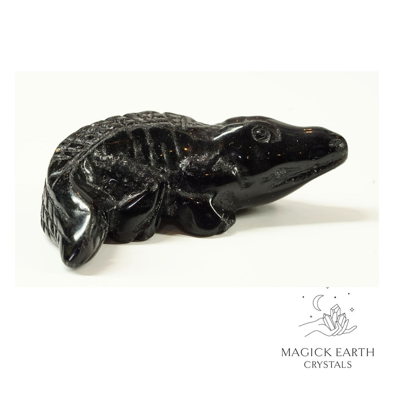 Obsidian Crystal Gemstone Crocodile Animal Figurine