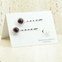 Amethyst Cabochon Lace Design Bobby Pins with Silver Finish