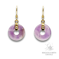 Amethyst Crystal Gemstone Donut / Pi Earrings With Gold Finish