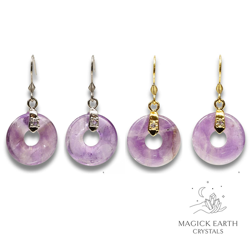 Amethyst Crystal Gemstone Donut / Pi Earrings With Gold or Platinum Finish