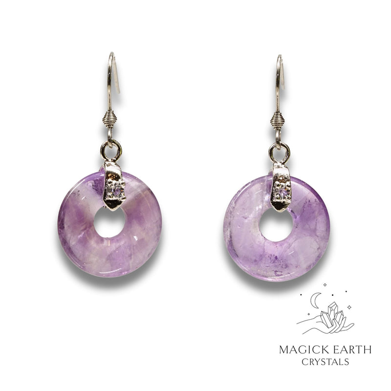 Amethyst Crystal Gemstone Donut / Pi Earrings With Platinum Finish