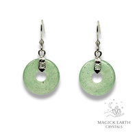 Aventurine Crystal Gemstone Donut Pi Earrings in  Platinum Finish