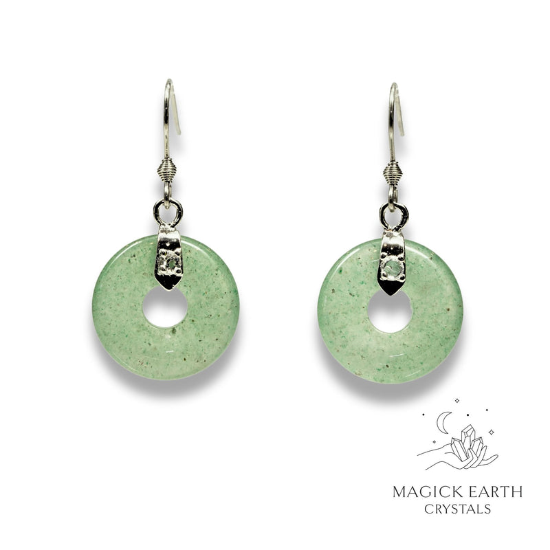 Aventurine Crystal Gemstone Donut Pi Earrings in  Platinum Finish