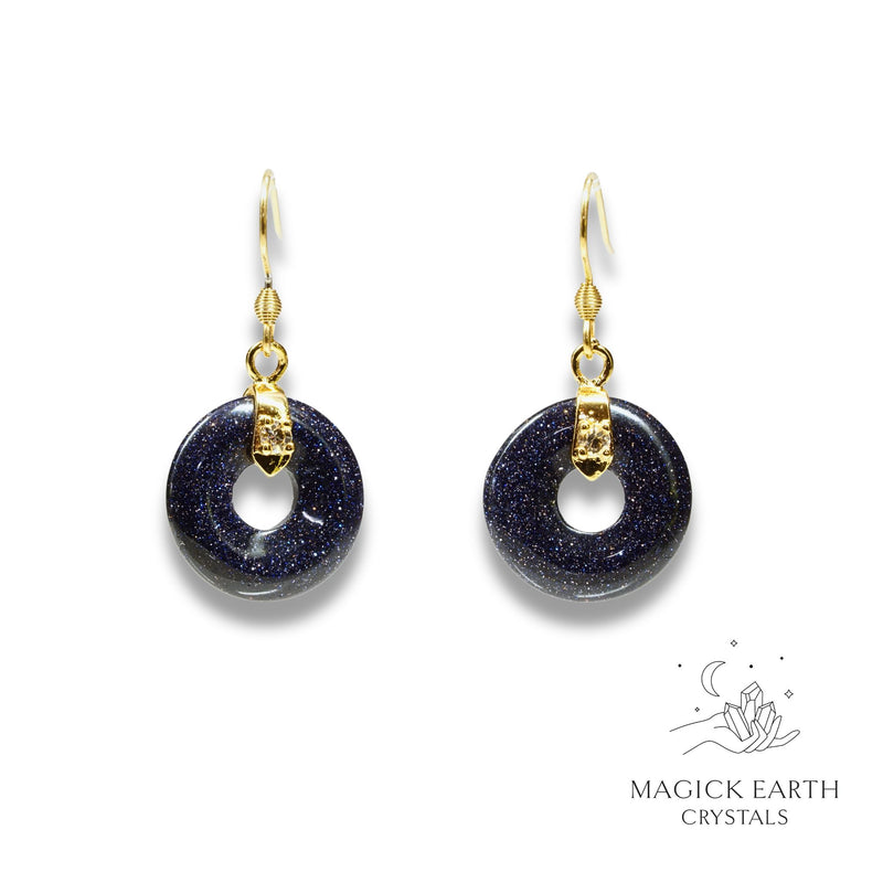 Blue Goldstone Crystal Gemstone Donut / Pi Earrings With Gold Finish