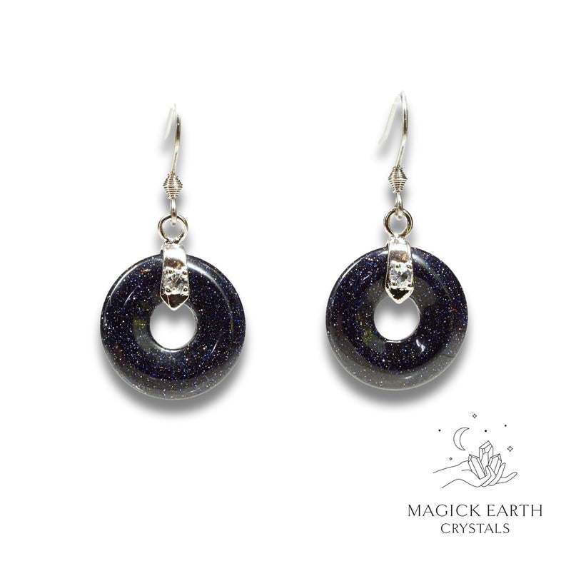 Blue Goldstone Crystal Gemstone Donut / Pi Earrings With Platinum Finish