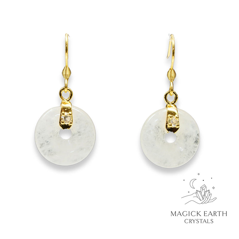 Clear Quartz Crystal Gemstone Donut Pi Earrings in Gold Finish