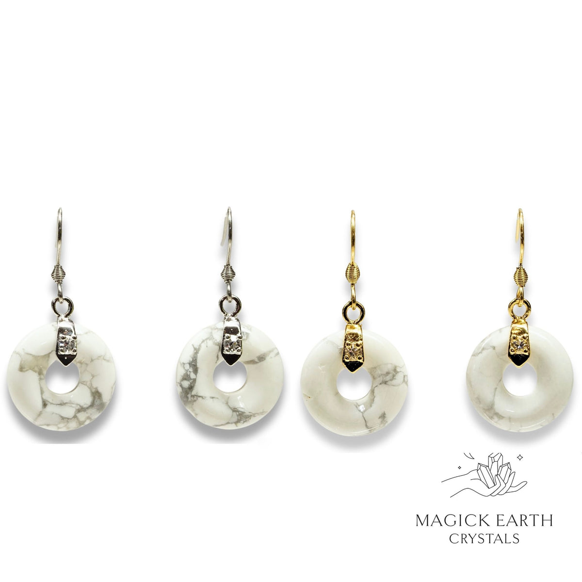 Howlite Crystal Gemstone Donut Pi Earrings in Gold or Platinum Finish