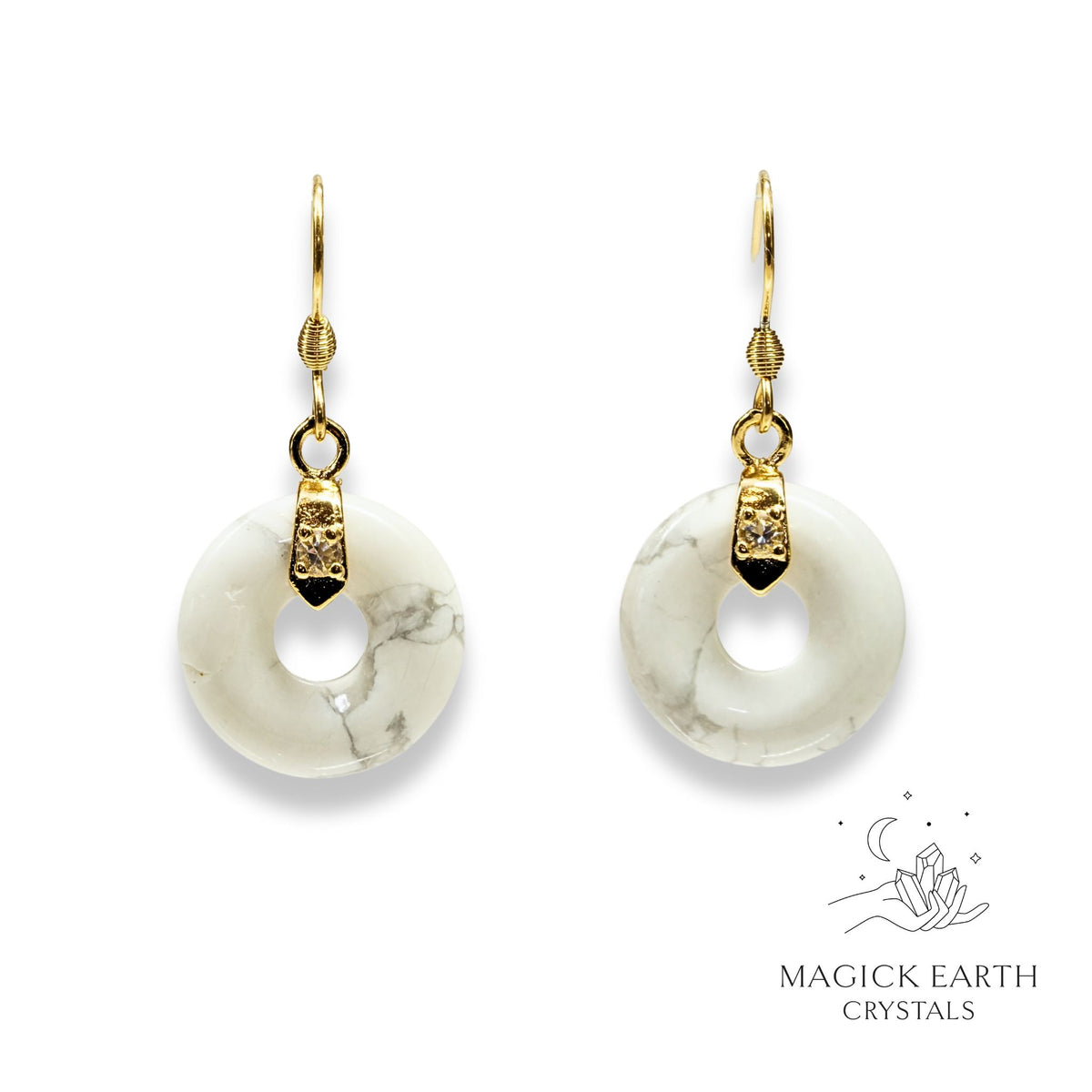 Howlite Crystal Gemstone Donut Pi Earrings in Gold Finish