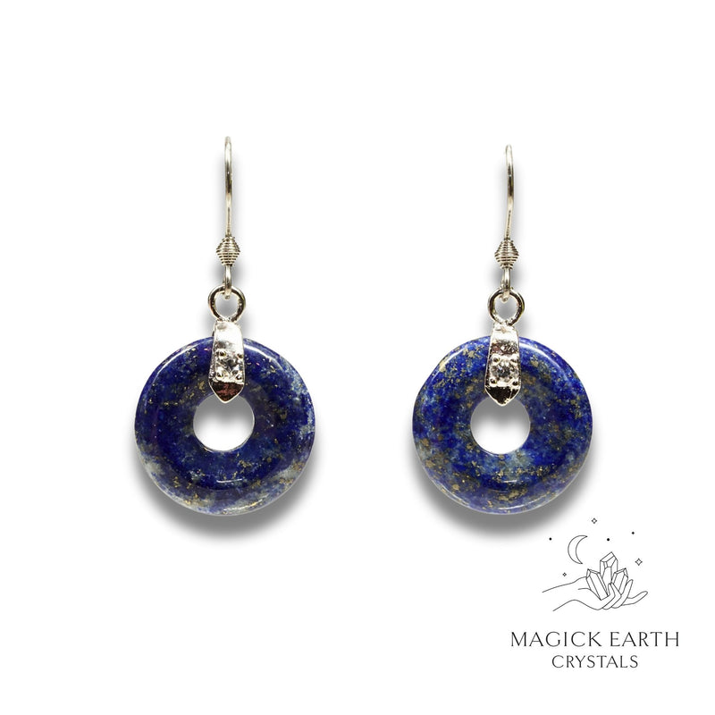 Lapis Lazuli Crystal Gemstone Donut / Pi Earrings With Platinum Finish