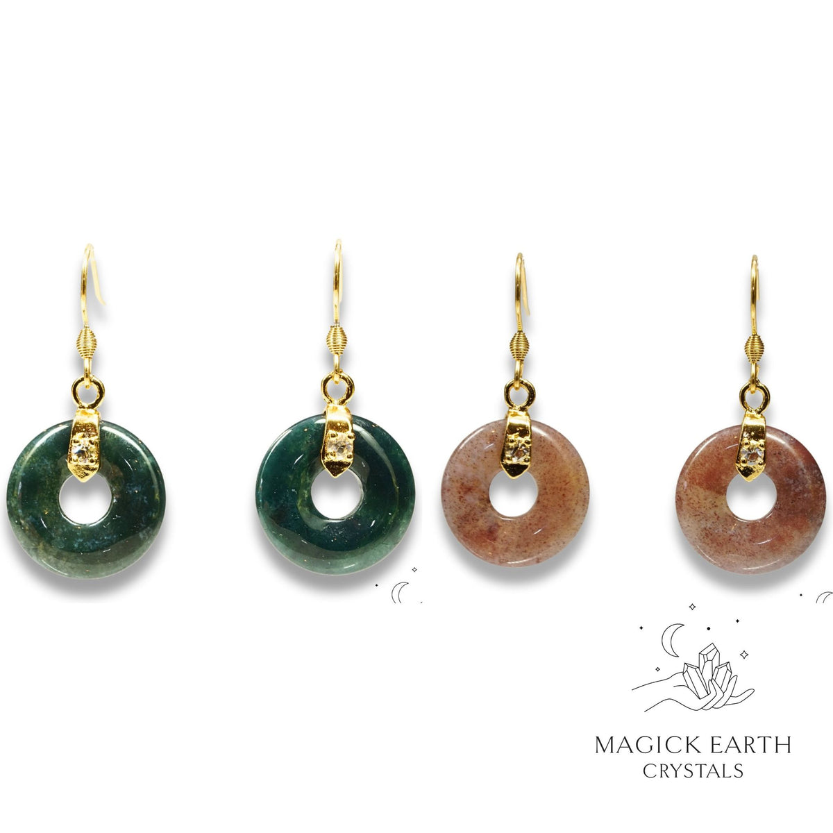 Moss / Indian Agate Crystal Gemstone Donut Pi Earrings in Gold or Platinum Finish