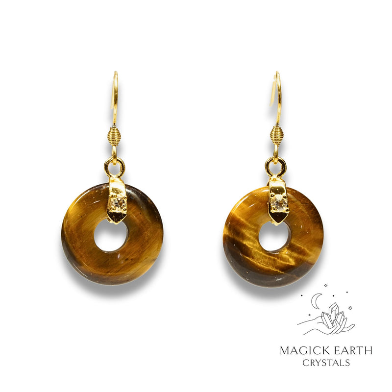 Tiger Eye Crystal Gemstone Donut / Pi Earrings With Gold Finish