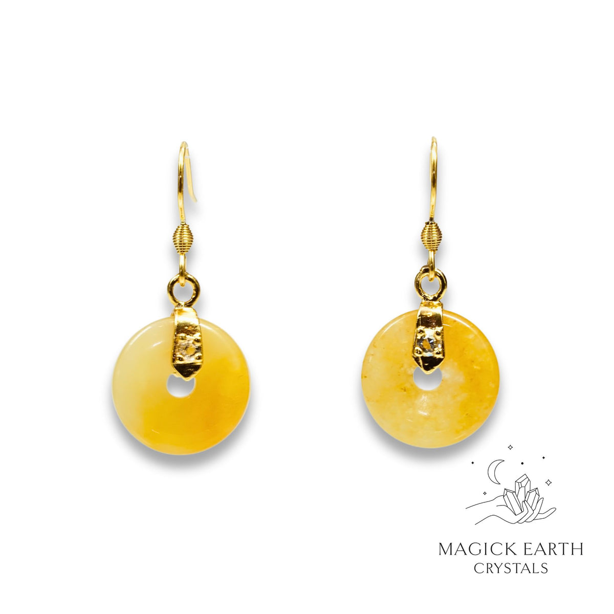 Yellow Jade Crystal Gemstone Donut / Pi Earrings With Gold Finish