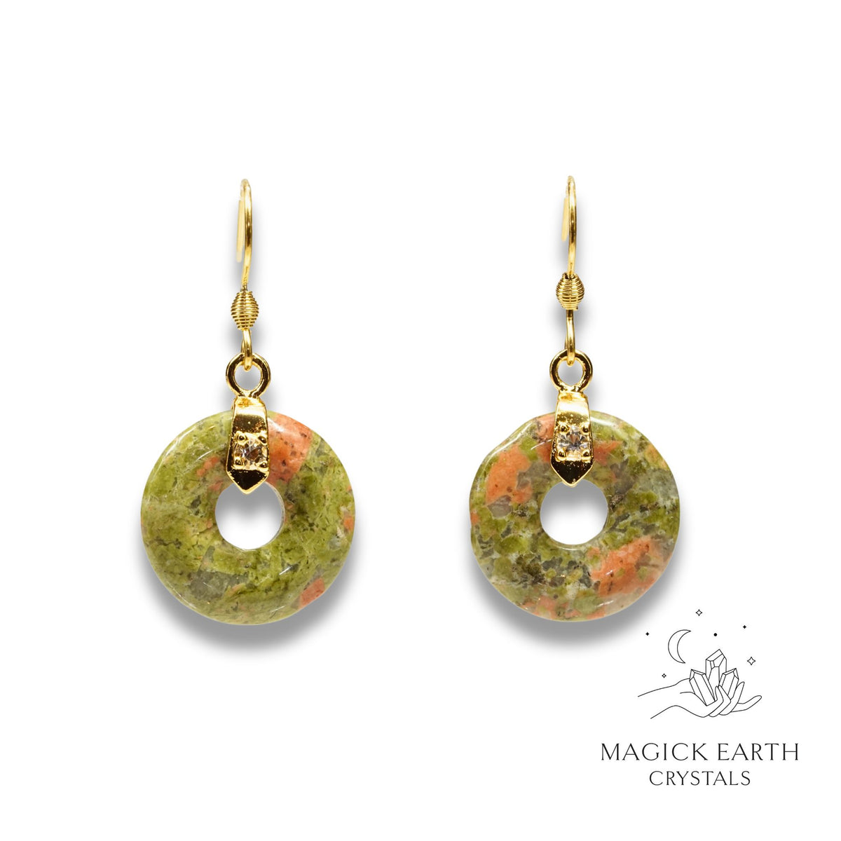 Unakite Crystal Gemstone Donut / Pi Earrings With Gold Finish