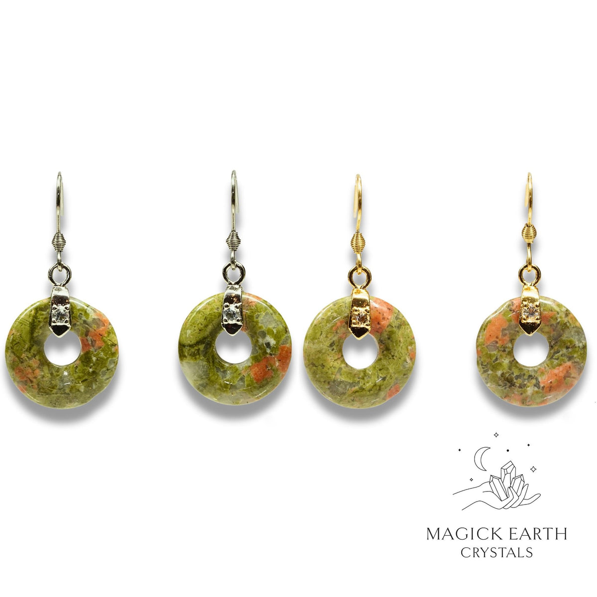 Unakite Crystal Gemstone Donut / Pi Earrings With Gold  or Platinum Finish