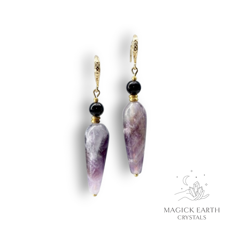 Amethyst Crystal Gemstone Goddess Style Earrings With Gold Finish