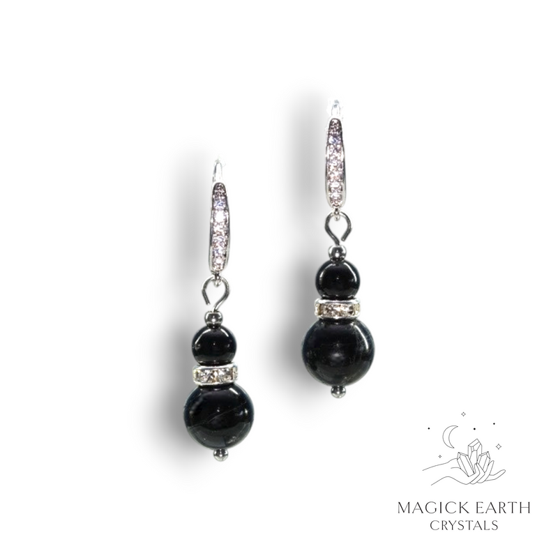 Black Tourmaline Crystal Gemstone Earrings With Cubic Zirconia Beads and Platinum Finish