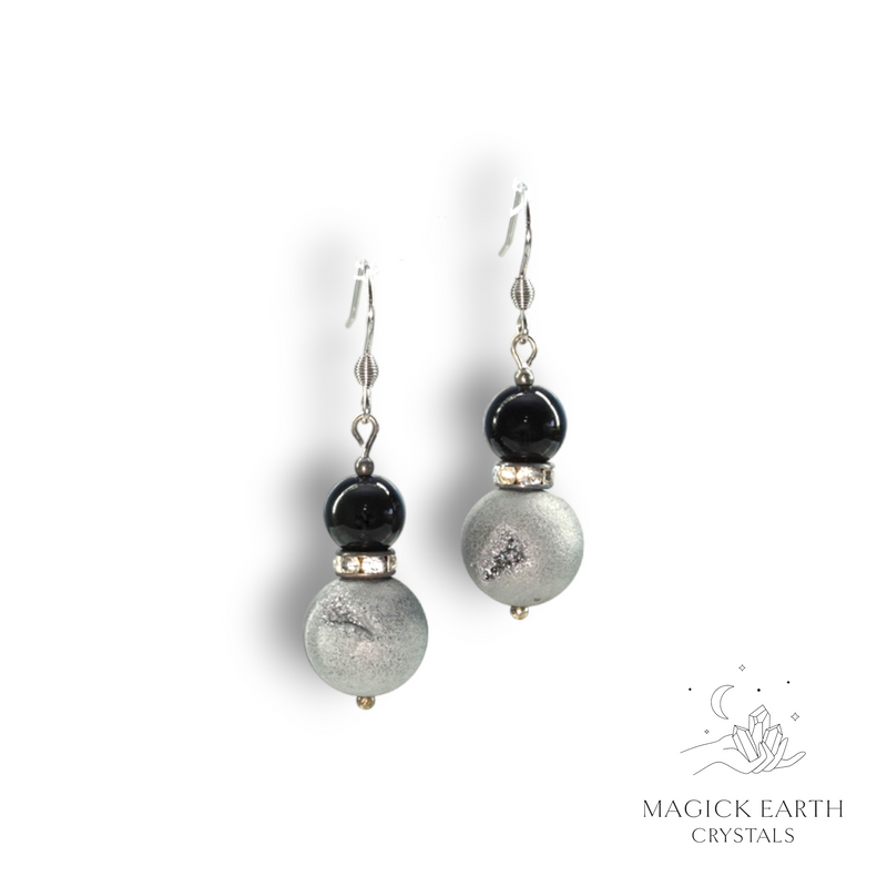 Agate Druzy Geode Electroplated Platinum earrings With Obsidian