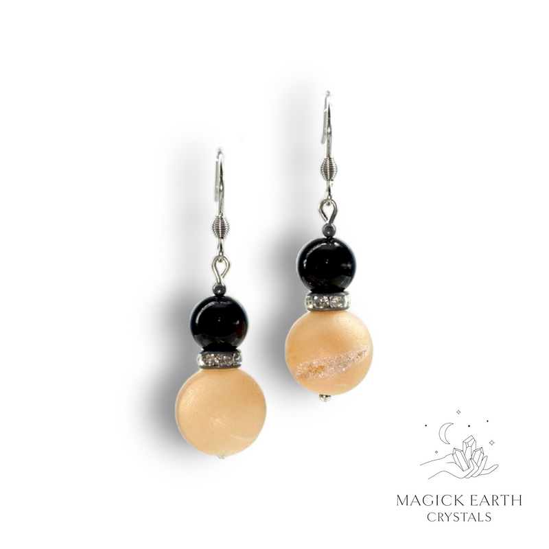 Agate Druzy Geode Electroplated Beige Earrings with Obsidian 