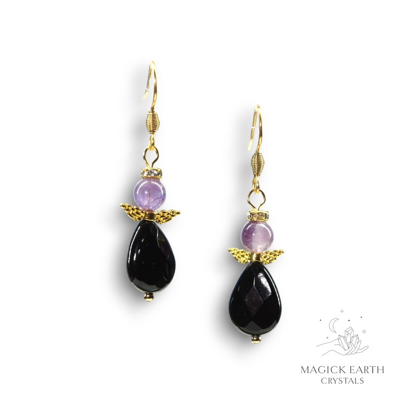 Amethyst & Onyx Crystal Gemstone Guardian Angel Earrings Gold Finish