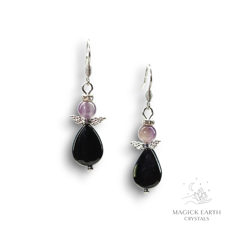 Amethyst & Onyx Crystal Gemstone Guardian Angel Earrings Platinum Finish