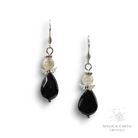 Labradorite & Onyx Crystal Gemstone Guardian Angel Earrings Platinum Finish