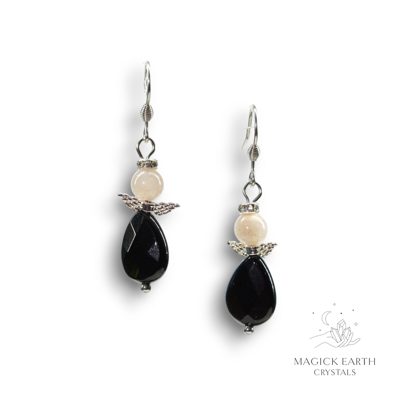 Moonstone & Onyx Crystal Gemstone Guardian Angel Earrings Platinum Finish