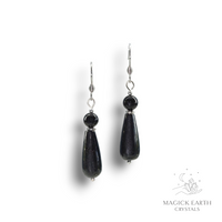 Shungite Crystal Gemstone Earrings Goddess Drop Style Platinum Finish