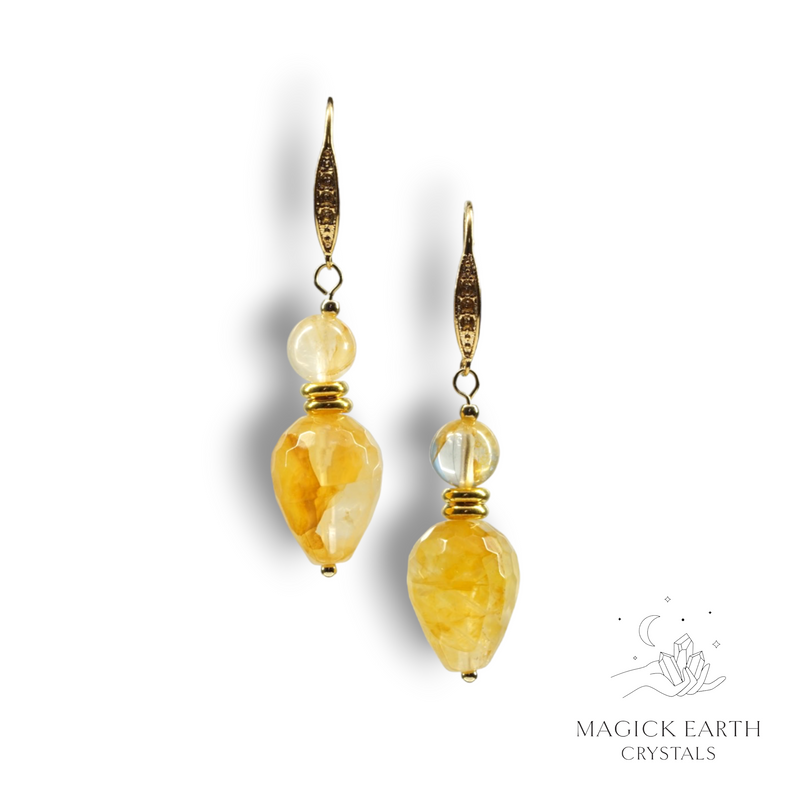 Golden Healer Crystal Gemstone  Goddess Faceted Earrings Gold Finish