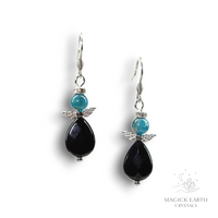 Apatite & Onyx Crystal Gemstone Guardian Angel Earrings Platinum Finish