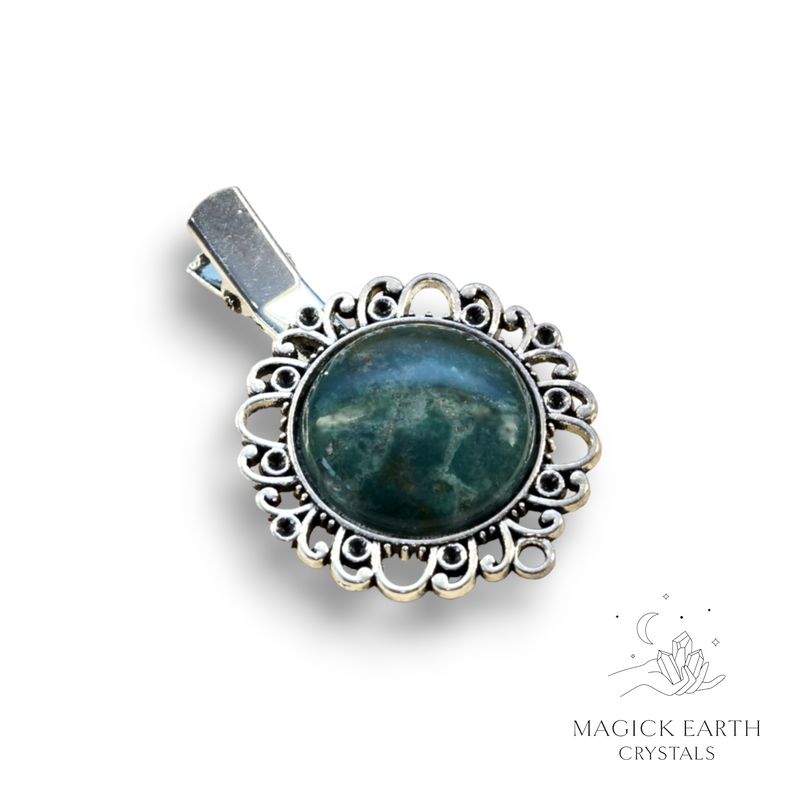 Moss Agate Crystal Gemstone Alligator Style Cabochon Hair Clip with Antique Silver Finish