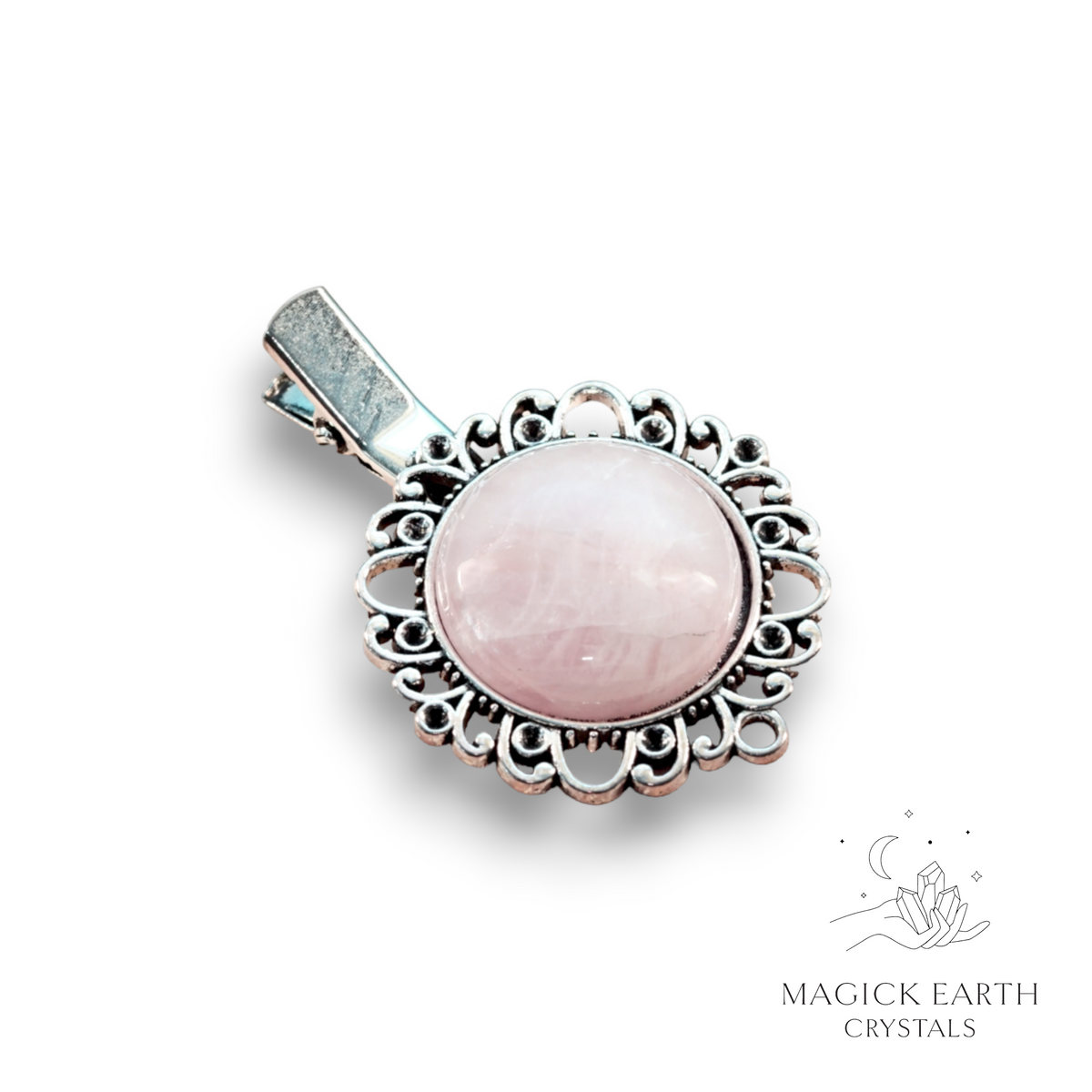 Rose Quartz Crystal Gemstone Alligator Style Cabochon Hair Clip with Antique Silver Finish