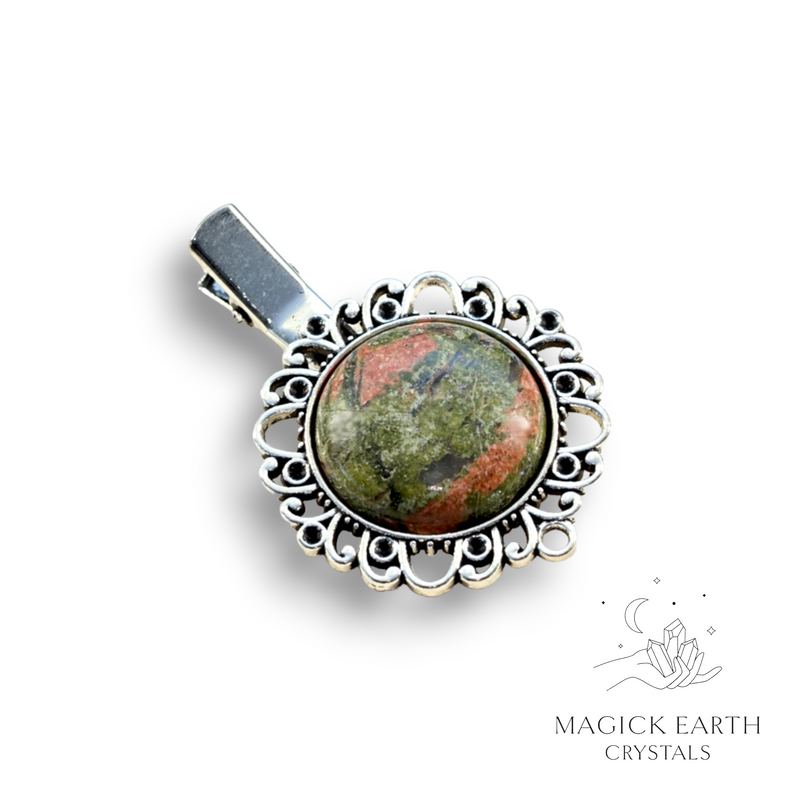 Unakite Crystal Gemstone Alligator Style Cabochon Hair Clip with Antique Silver Finish