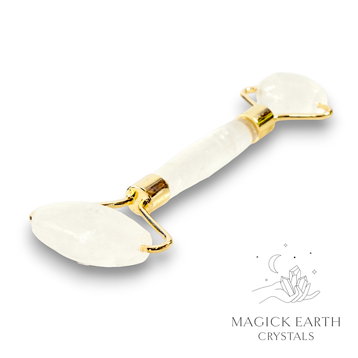 Clear Quartz Crystal Massage Roller with Dual Ends and Gold Finish