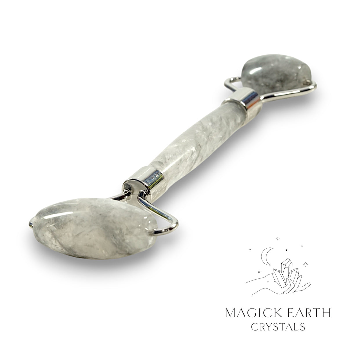 Cloud Quartz Crystal Massage Roller with Dual Ends and Platinum Finish