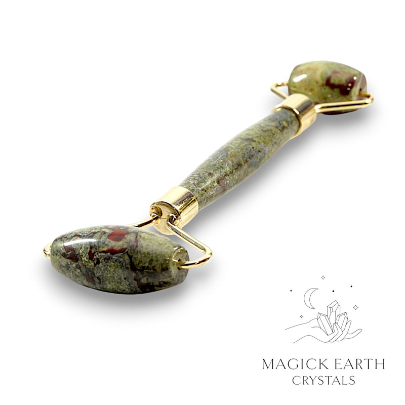 Dragons Blood Jasper Crystal Massage Roller with Dual Ends and Gold Finish