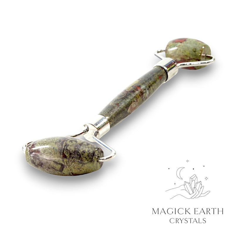 Dragons Blood Jasper Crystal Massage Roller with Dual Ends and Platinum Finish