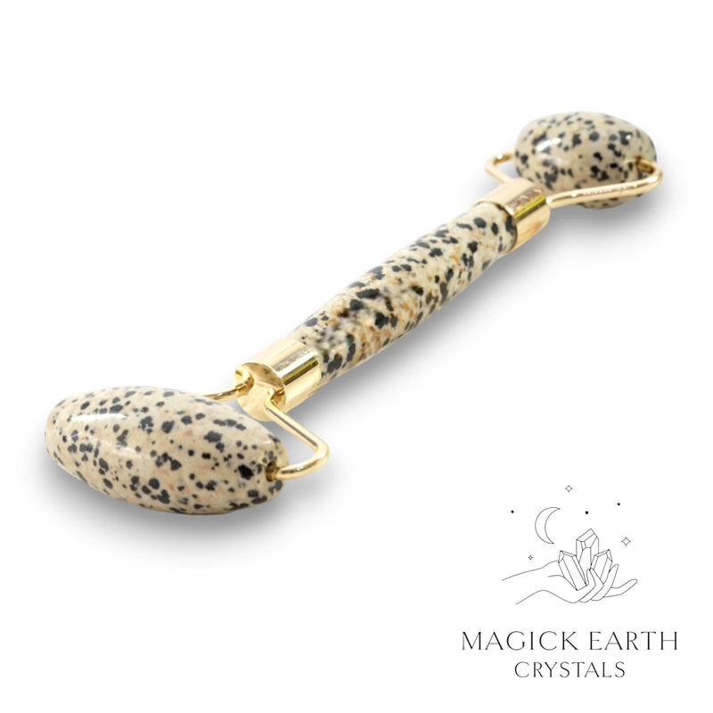 Dalmatian Jasper Crystal Massage Roller with Dual Ends and Gold Finish