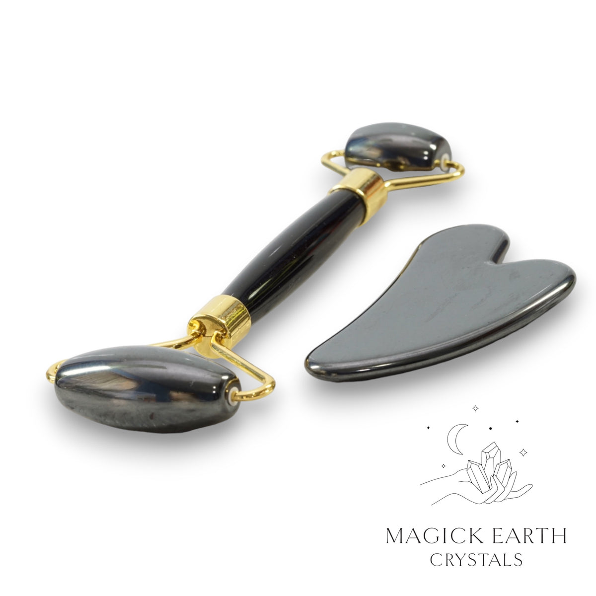 Magnetic Hematite Massage Set with Dual Ends Roller Gold Finish and Matching Gua Sha