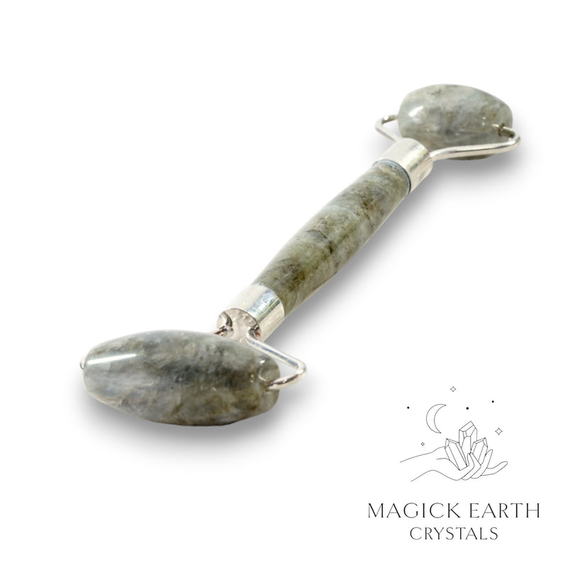 Labradorite Crystal Massage Roller with Dual Ends and Platinum Finish