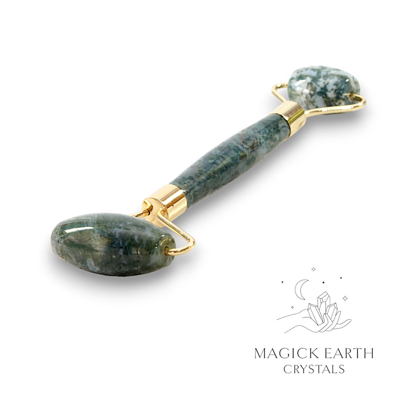 Moss Agate Crystal Massage Roller with Dual Ends and Gold Finish