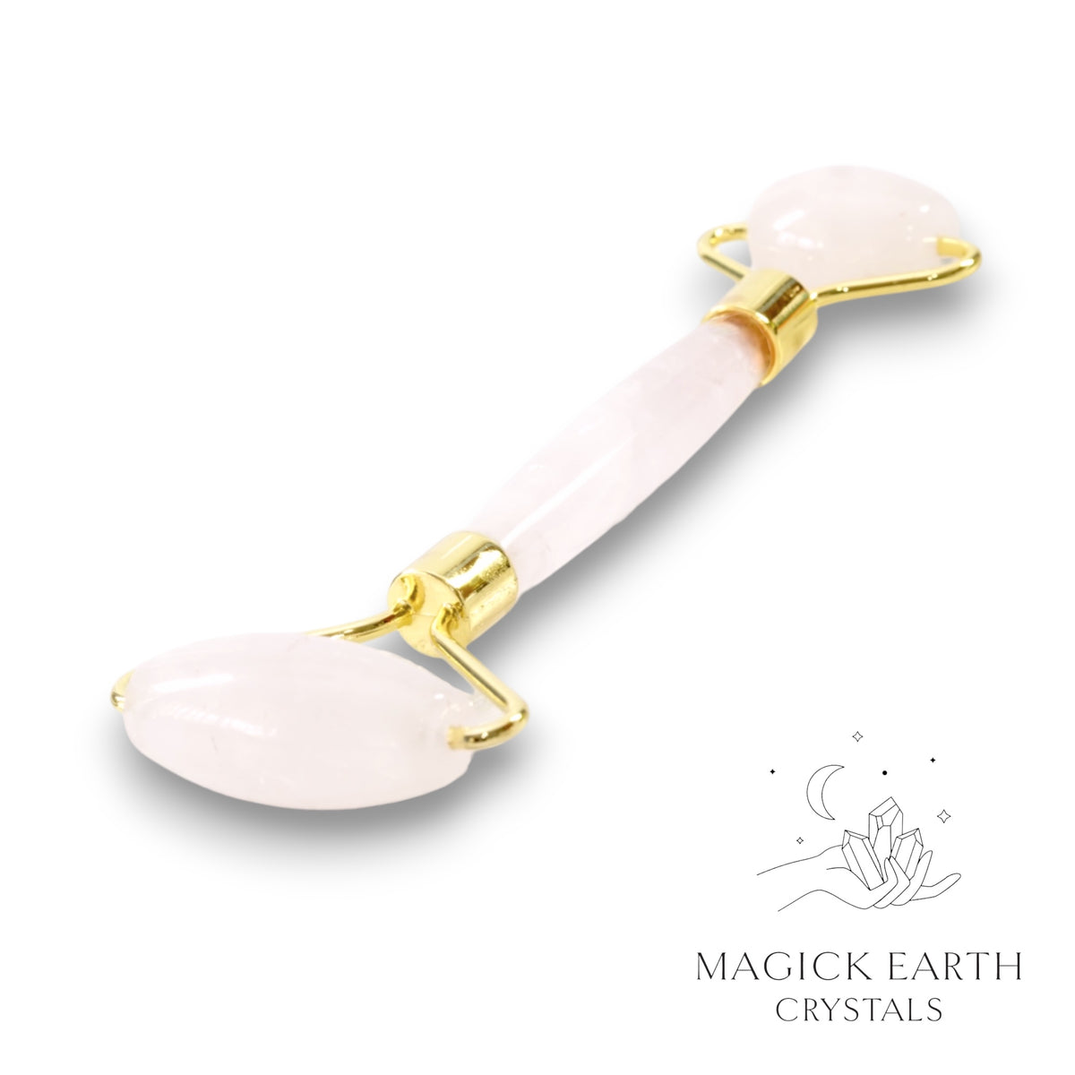 Rose Quartz Crystal Massage Roller with Dual Ends and Gold Finish