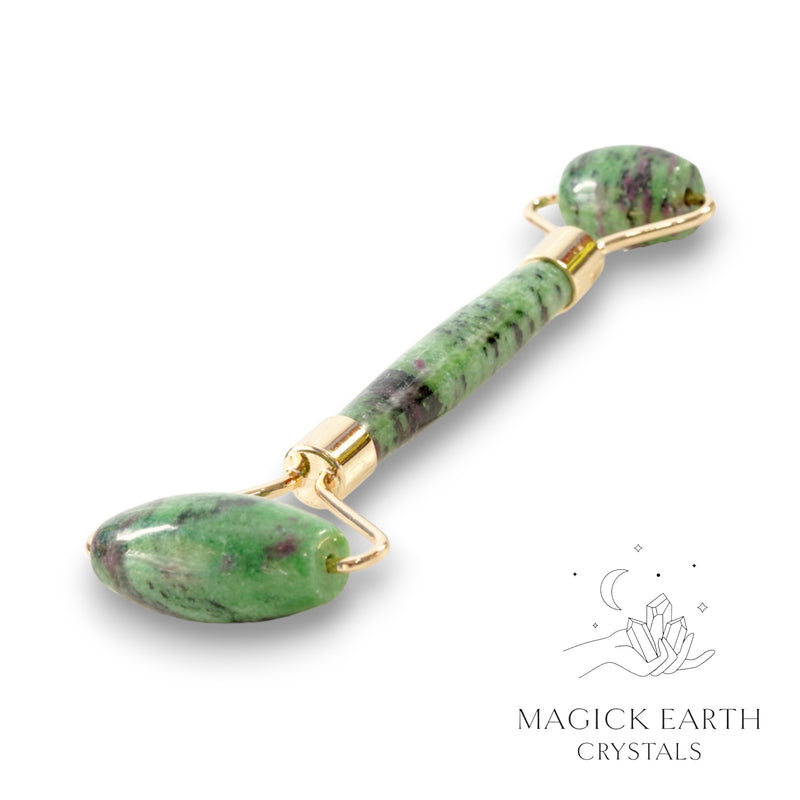 Ruby Zoisite Crystal Massage Roller with Dual Ends and Gold Finish