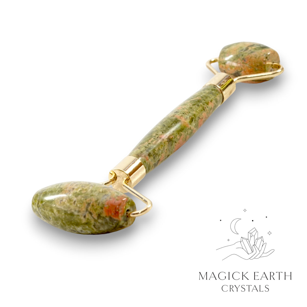 Unakite Crystal Massage Roller with Dual Ends and Gold Finish