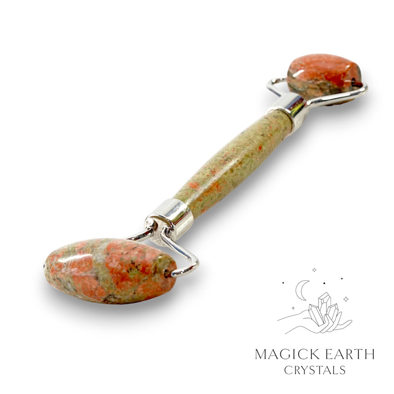 Unakite Crystal Massage Roller with Dual Ends and Platinum Finish