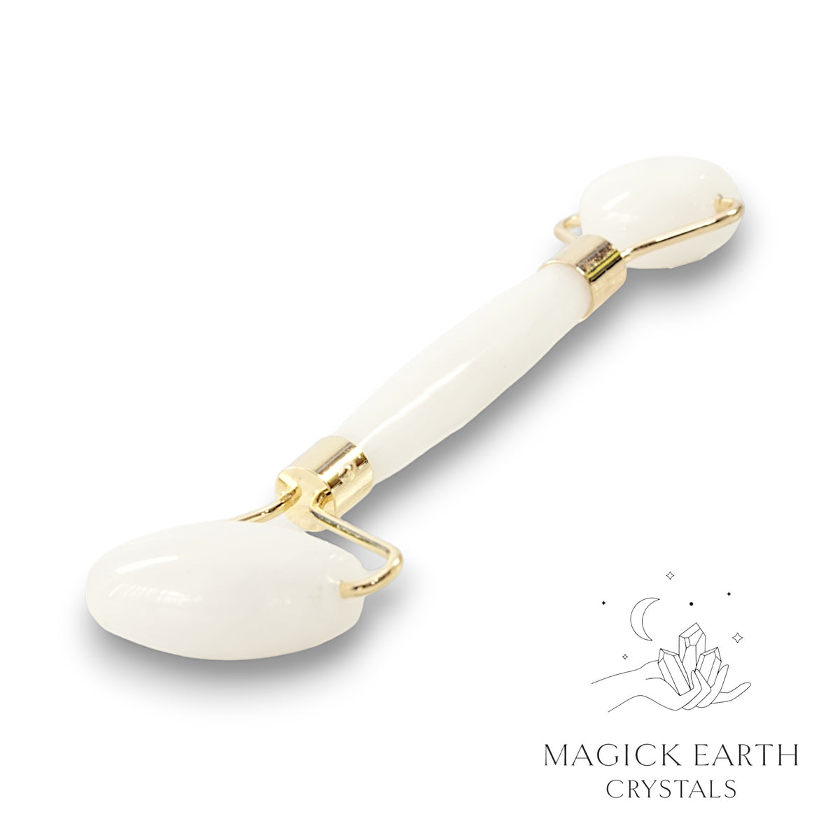 White Jade Crystal Massage Roller with Dual Ends and Gold Finish