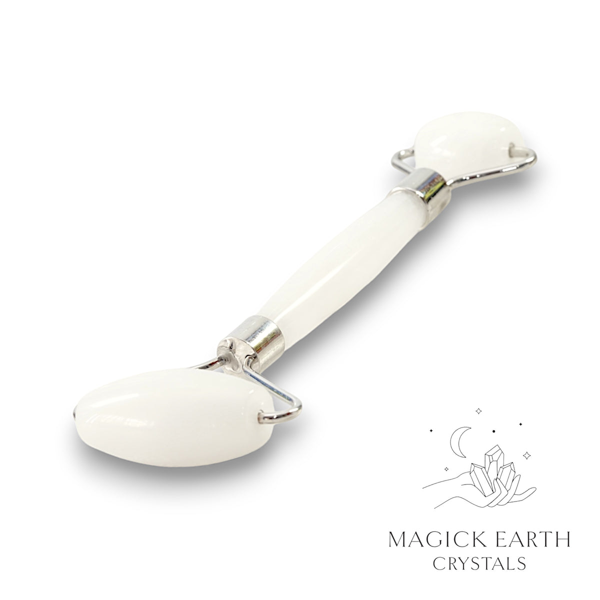 White Jade Crystal Massage Roller with Dual Ends and Platinum Finish