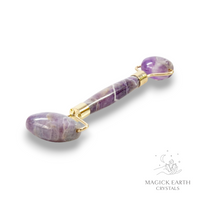 Amethyst Crystal Gemstone Massage Roller with Dual Ends and Gold FInish