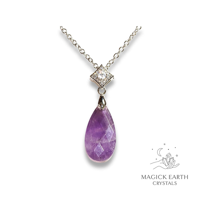 Amethyst Crystal Gemstone Faceted Teardrop Pendant With a Cubic Zirconia Bail With Platinum Finish